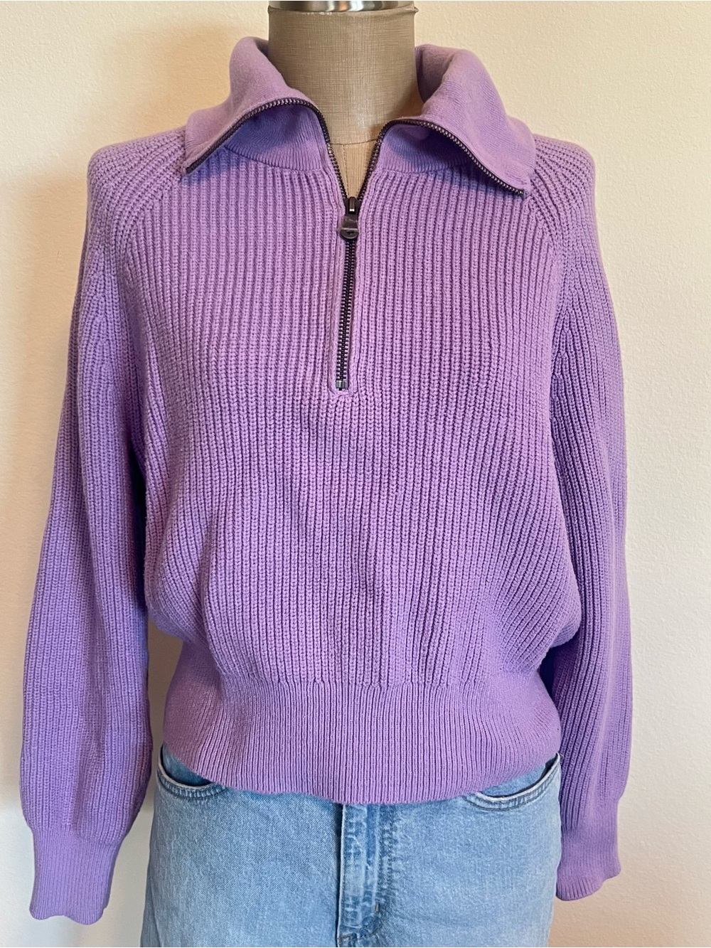 Lilac Zip-Neck Ribbed Turtleneck Sweater